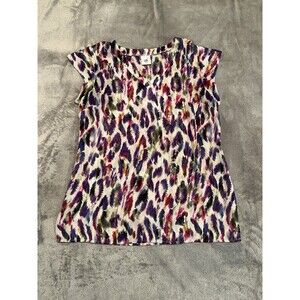 CAbi Top Women’s Small Colorful Print Short Sleeve Feather Blouse 5027